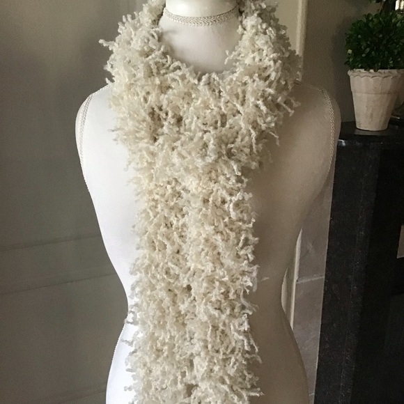 Eyelash Yarn Ivory Scarf Boa LONG 4x90” Maxi Boho Hippie Fringe Rockstar Style - Picture 4 of 14